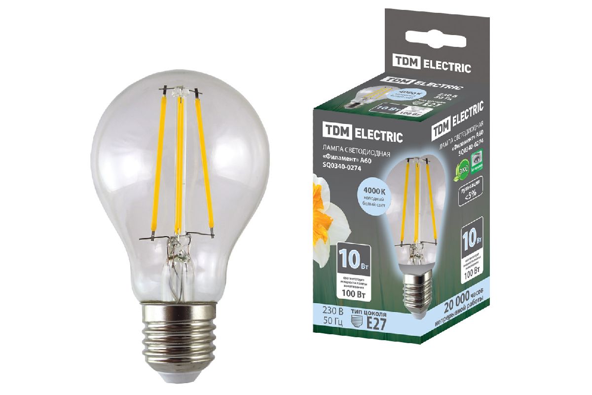Лампа светодиодная филаментная TDM Electric E27 10W 4000K прозрачная SQ0340-0274