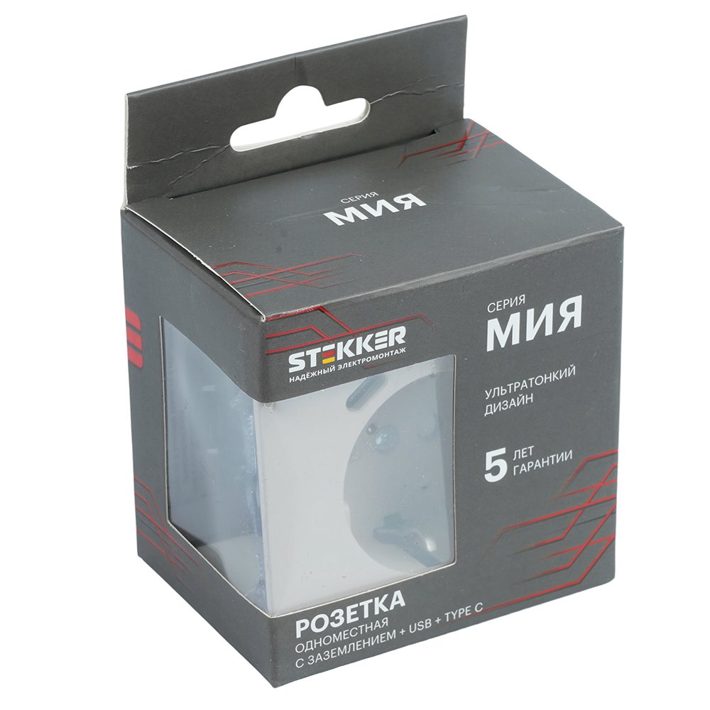 Розетка 1-местная 16А + USB + Type C (механизм) Stekker 250В 20W Мия RST16-3119-08 50482