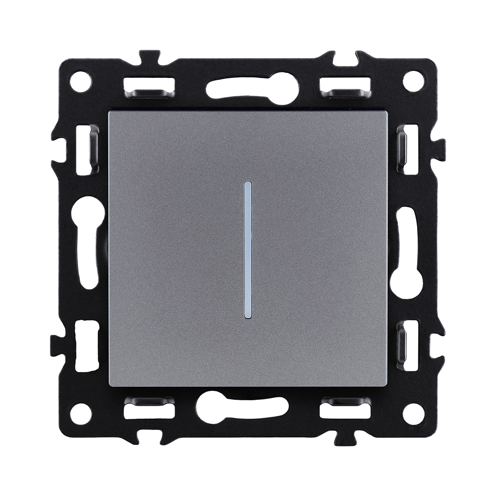 Выключатель кнопочный 1-клавишный 10А/250В с LED подсветкой, серый Kollinger Asthetik AS-012GY