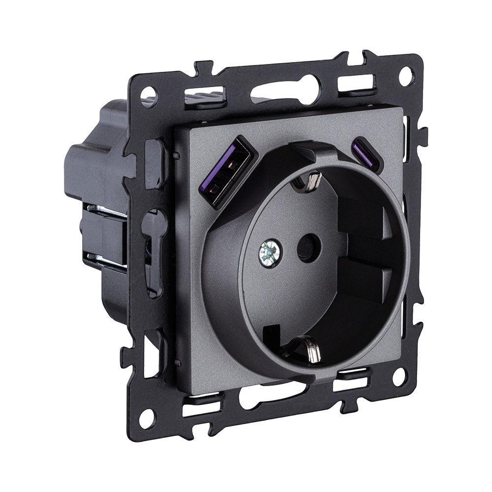 Розетка штепсельная SCHUKO 16A/250 В с USB A+C 20W, серый Kollinger Asthetik AS-016GY