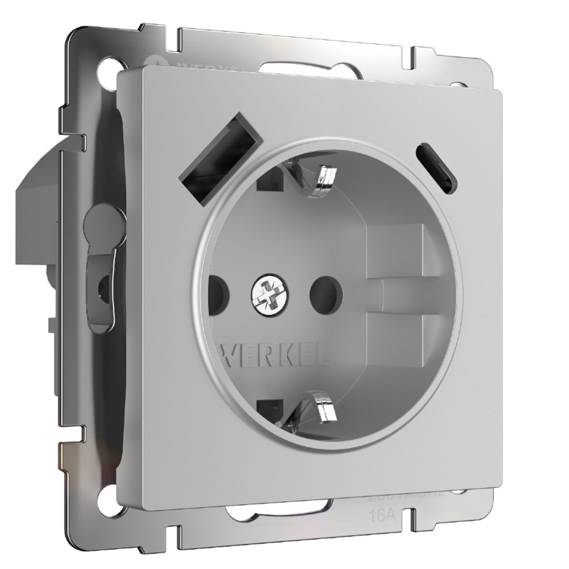 Розетка Werkel Розетка с заземлением, шторками и USB тип A+C (серебряный) W1171706 4690389206870 a067703