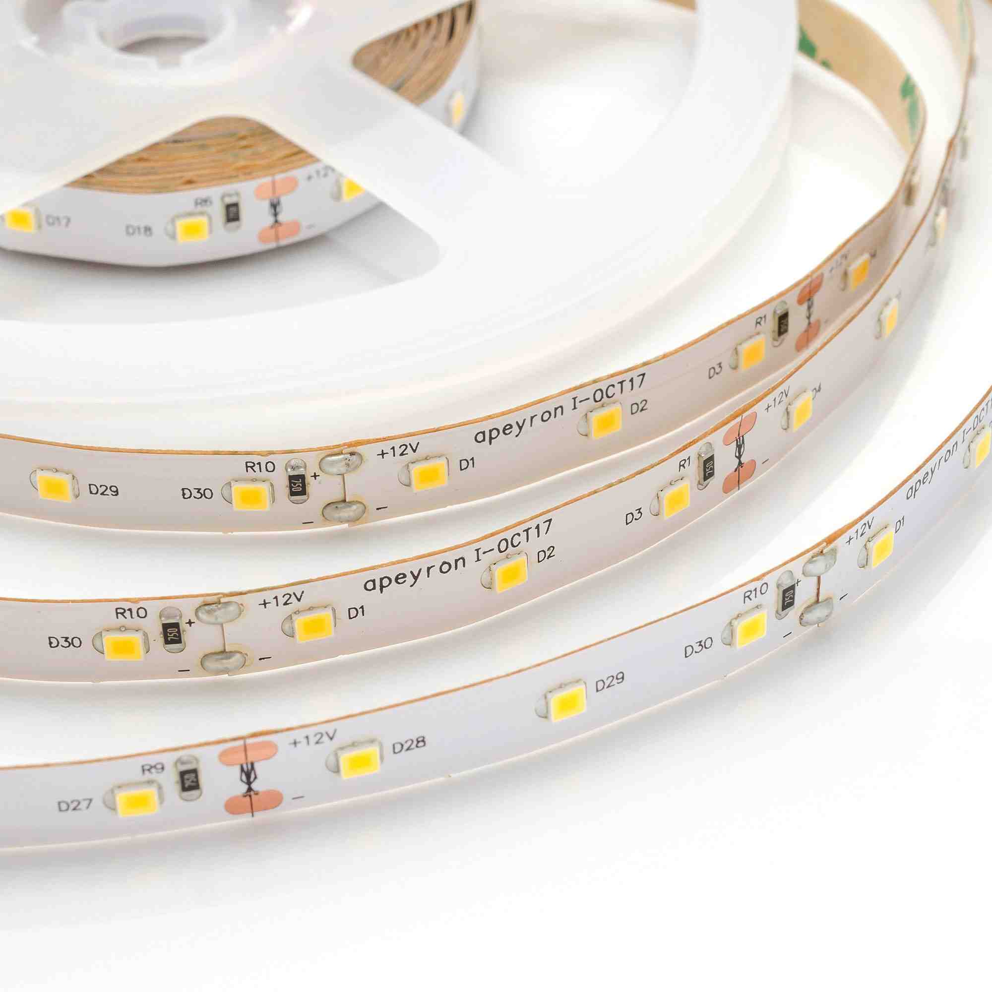 Светодиодная лента Apeyron 12В СТ 8Вт/м smd2835 60д/м IP20 800Лм/м 5м 3000К 00-120