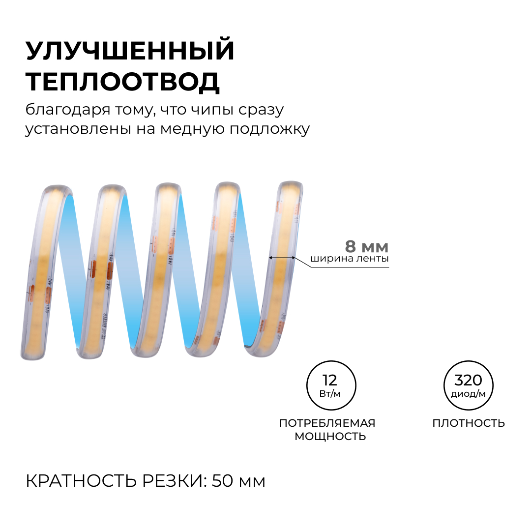 Светодиодная влагозащищенная лента Apeyron 12W/m 320LED/m COB дневной белый 5M 00-391