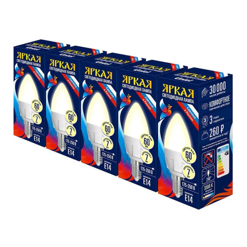 Лампа светодиодная Uniel E14 7W 3000K свеча матовая LED-C37 7W/WW/E14/FR PLP01WH Набор из 5штук UL-00008089