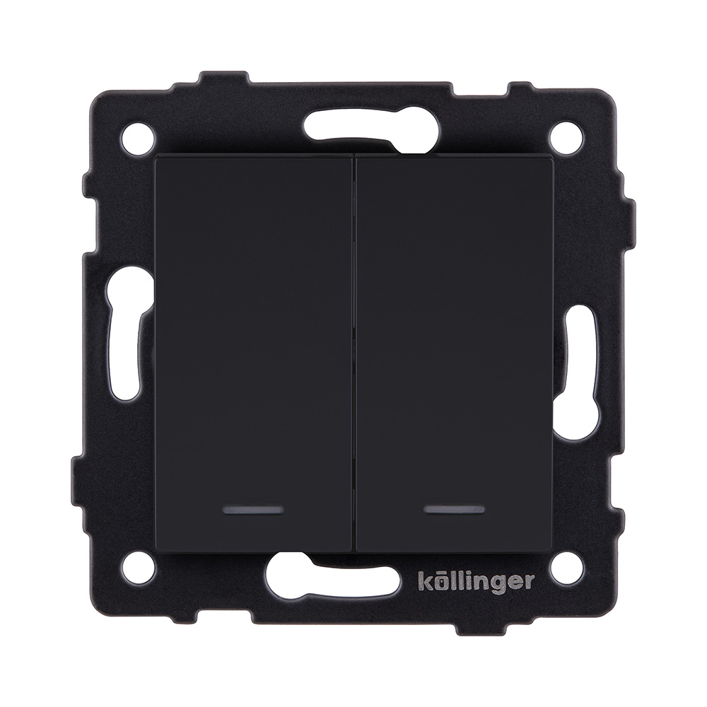 Выключатель 2-клавишный проходной 10А/250В с LED подсветкой, черный матовый Kollinger REA-S-010BM для Aspekt, Eleganz, Reflex