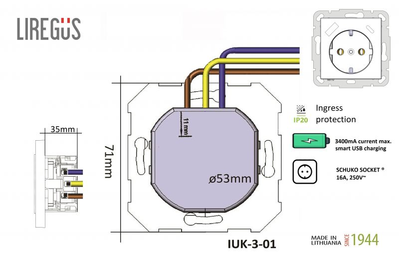 Розетка С/З+USB-зарядное устройство 3,4 А+TypeC IUK-3-01 E/B белая LIREGUS Epsilon