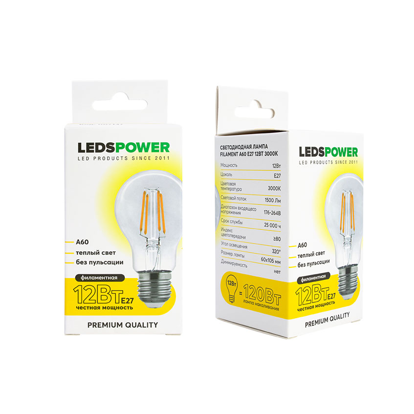 Светодиодная лампа LEDS POWER Filament A60 E27 12Вт 3000К 007137