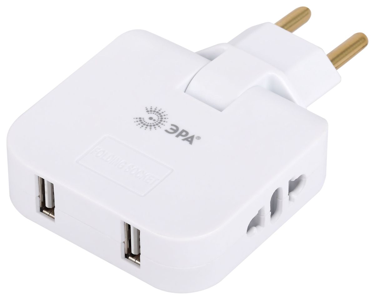 Разветвитель электрический Эра SPF-2-FL-USB поворотный на 2 розетки + 2USB 10А белый Б0069089