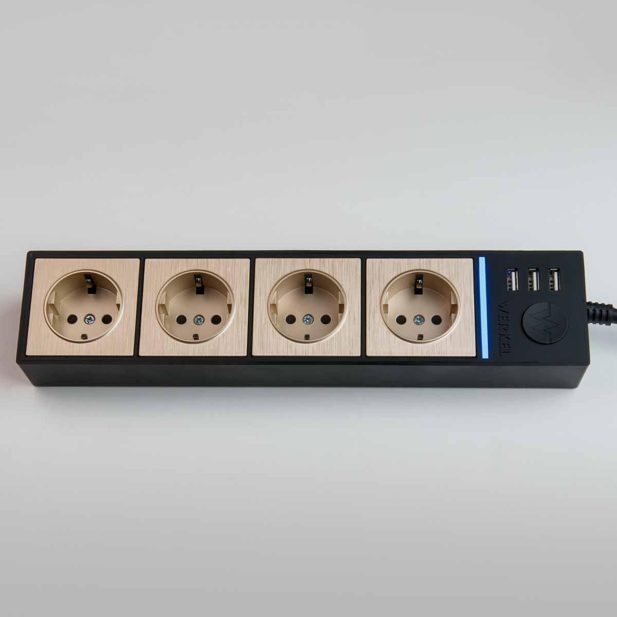 Розеточный блок Werkel 4-х местный + 3 USB черный/шампань W6514944 4690389163746
