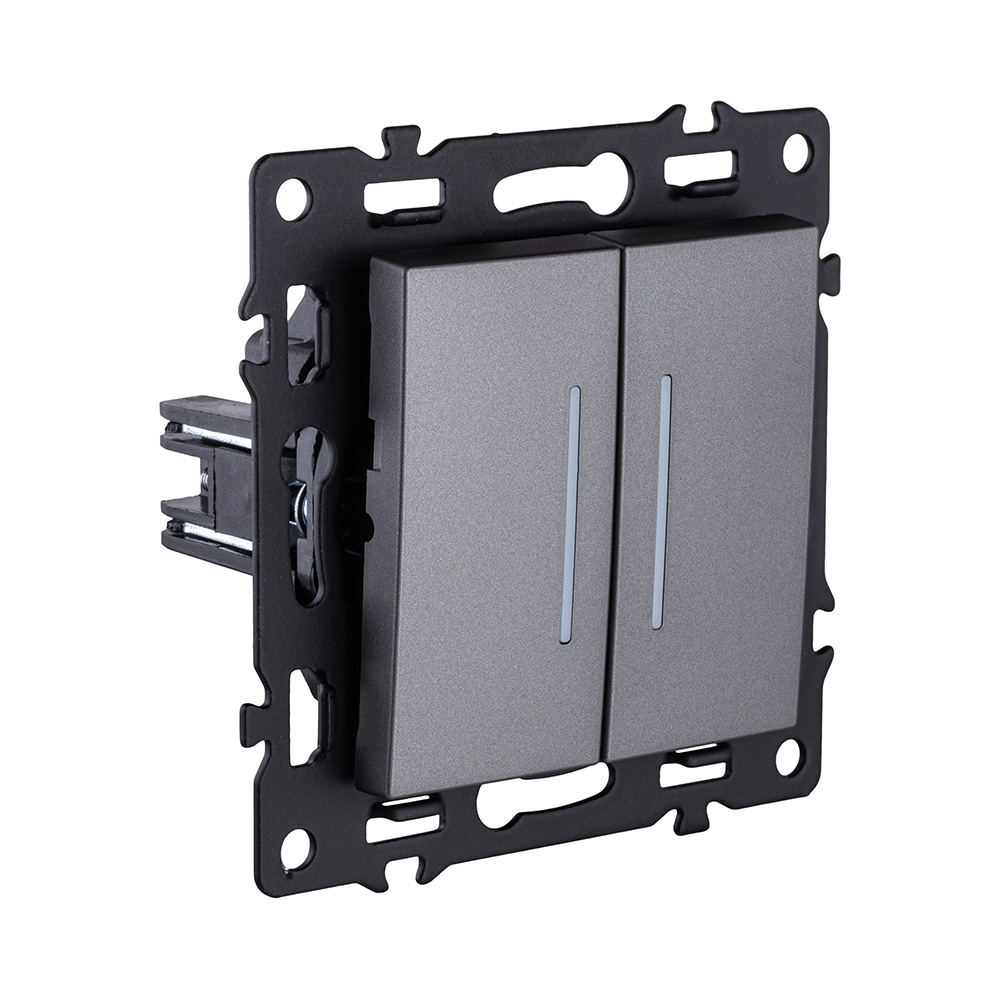 Выключатель 2-клавишный 10А/250В с LED подсветкой, серый Kollinger Asthetik AS-010GY