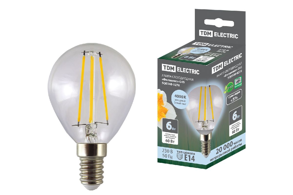 Лампа светодиодная филаментная TDM Electric Е14 6W 4000K прозрачная SQ0340-0278