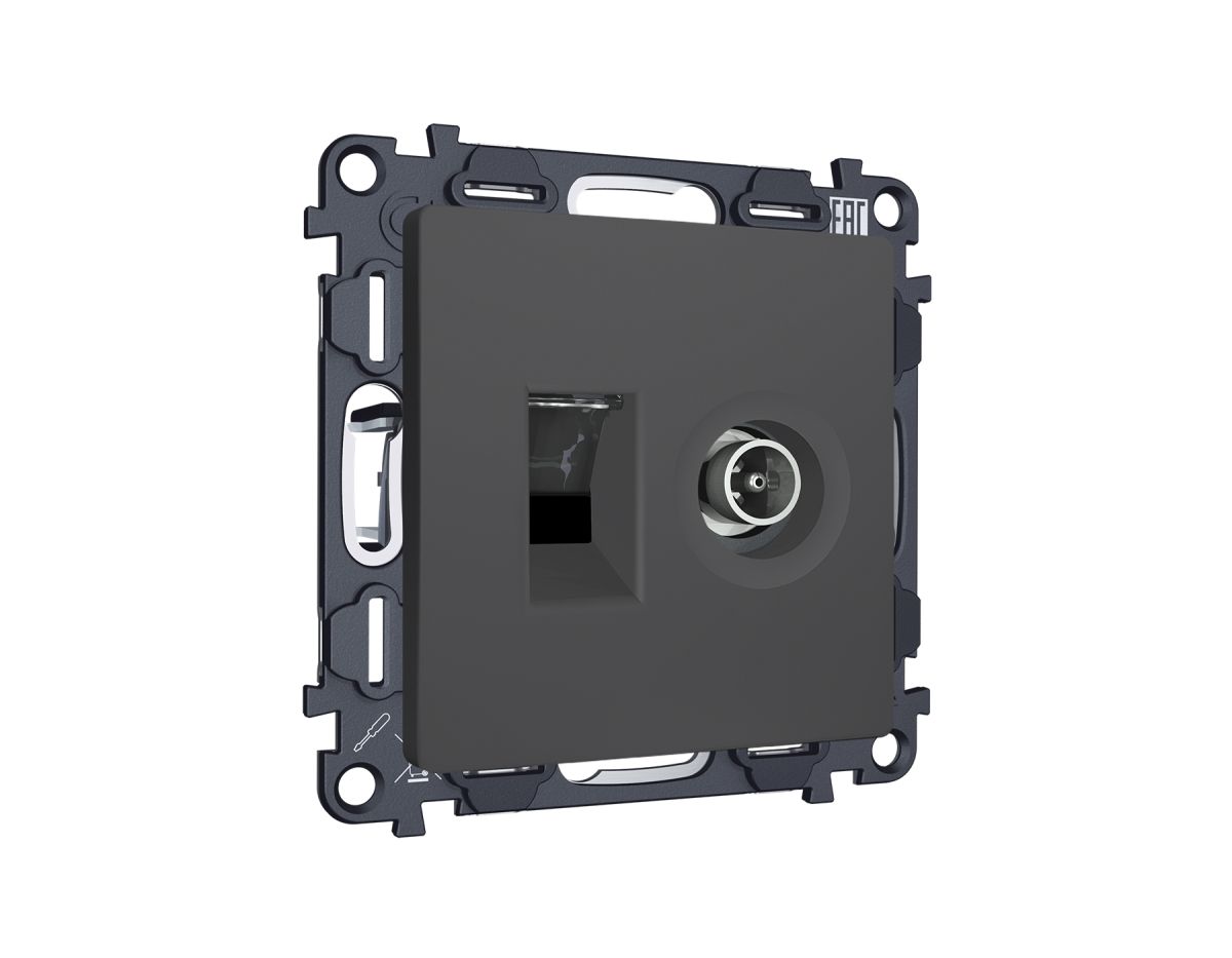 Комплект мех-ма розетки компьютерной + TV оконечной RJ-45 с автоматической защитной шторкой Alfa Графит мягкое касание Quant Ambrella Volt MA912510 (AP9125, VM195)