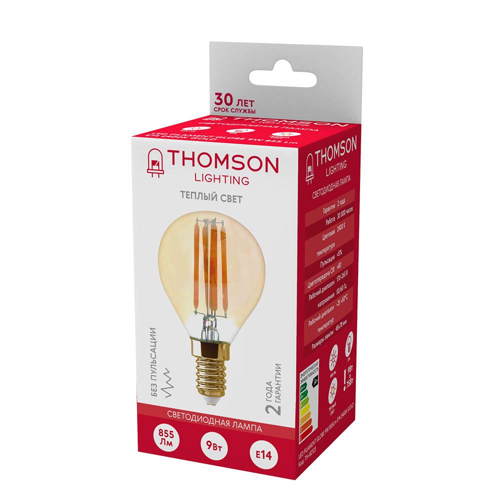 Лампа светодиодная филаментная Thomson E14 9W 2400K шар прозрачный TH-B2123