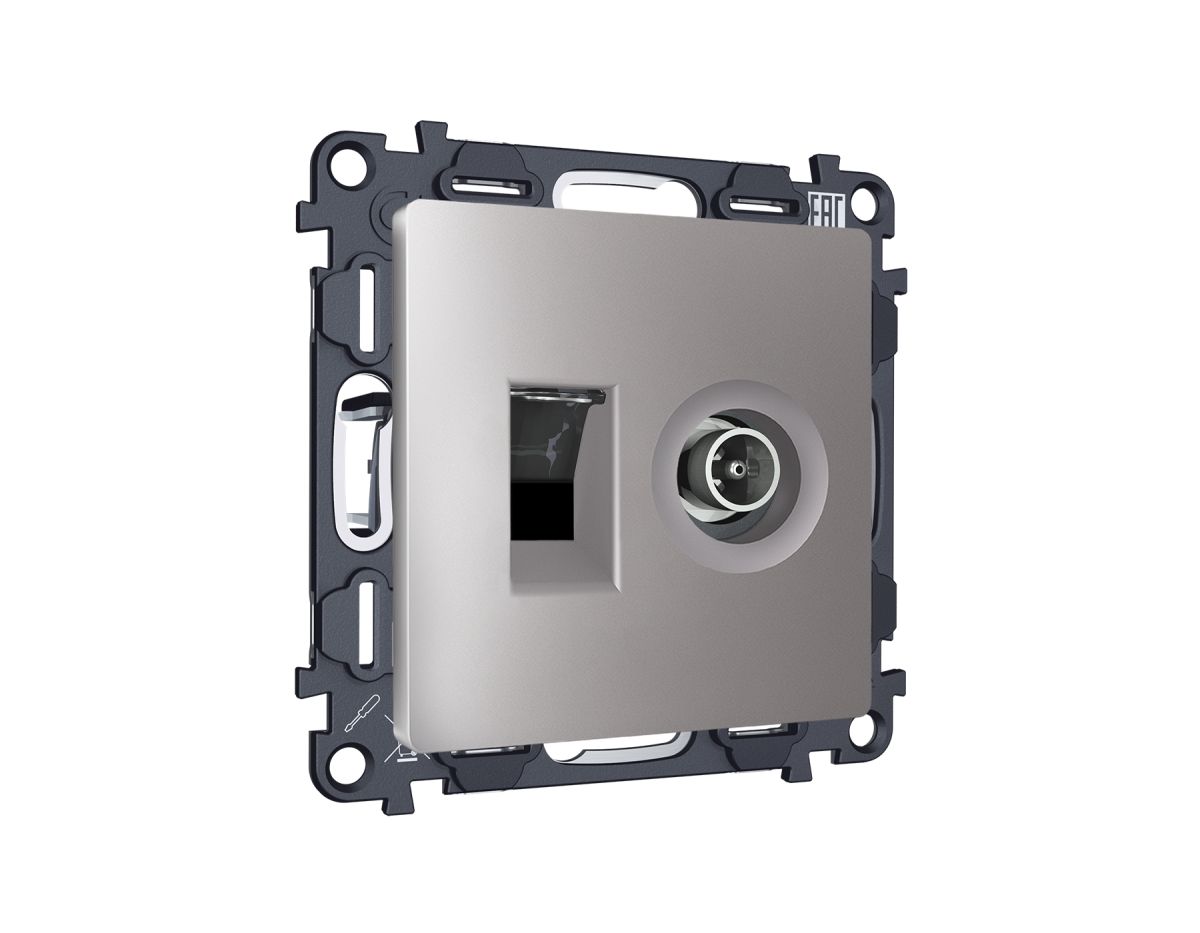 Комплект механизма розетки компьютерной + TV оконечной RJ-45 с автоматической защитной шторкой Alfa Сталь матовый Quant Ambrella Volt MA512510 (AP5125, VM195)