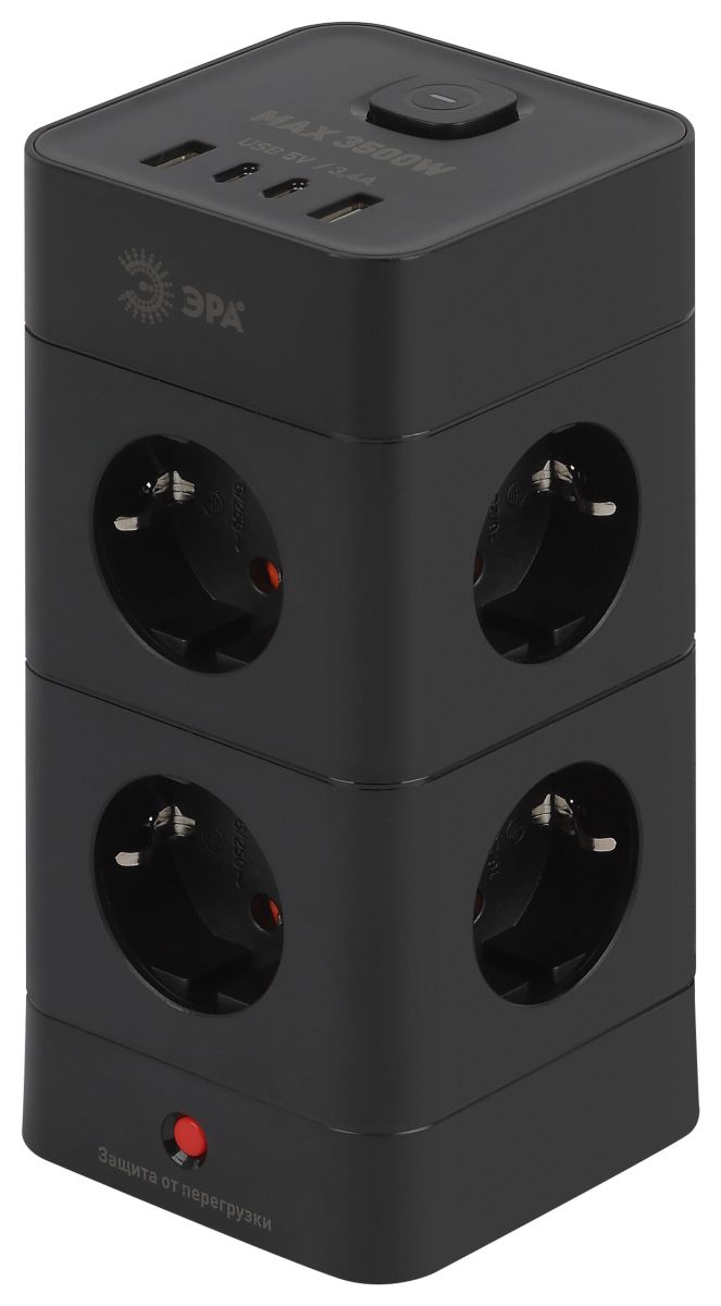 Сетевой фильтр ЭРА TWR-8es-1,5m-4USB-B башня с защитой заземлением с выключателем 8 розеток+4xUSBA+C 1,5м 16А черный Б0069072