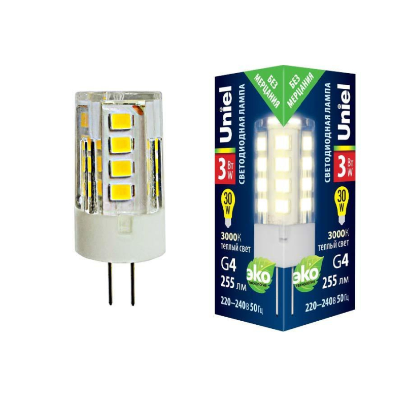 Лампа светодиодная (UL-00006742) Uniel G4 3W 3000K прозрачная LED-JC-220/3W/3000K/G4/CL GLZ09TR