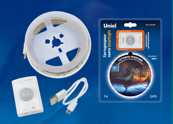 Светодиодная лента Uniel ULS-R21-2,4W/4000K/1,0M/RECH SENSOR Smart Light блистер