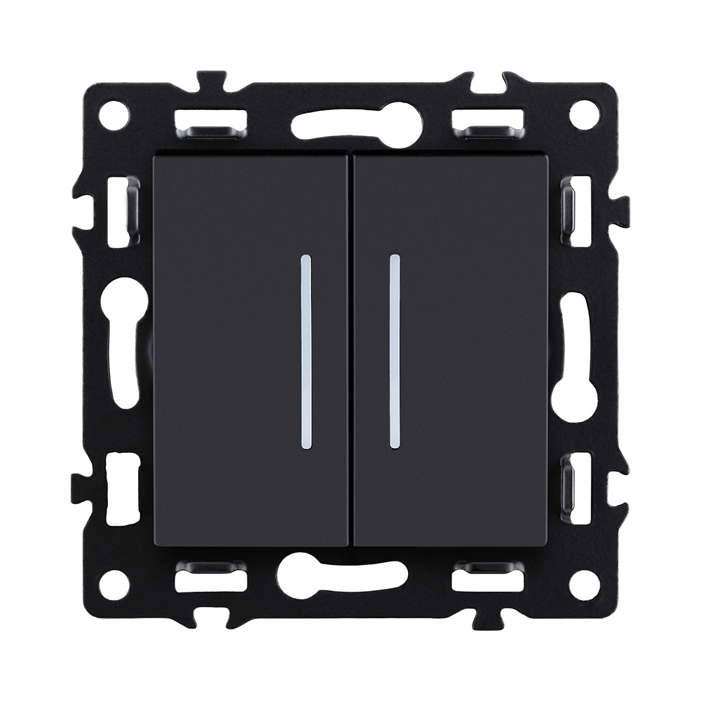 Выключатель 2-клавишный проходной 10А/250В с LED подсветкой, черный Kollinger Asthetik AS-011BK