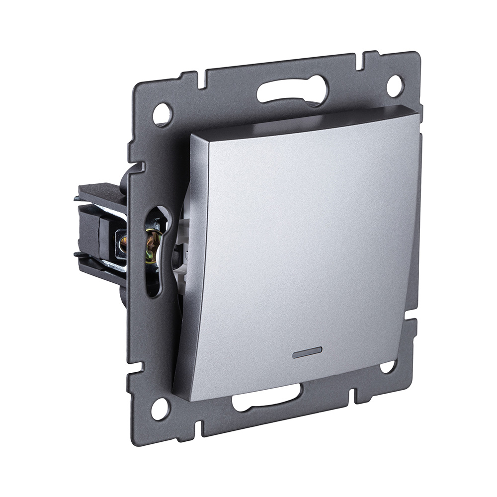 Выключатель кнопочный 1-клавишный 10А/250В с LED подсветкой, изогнутый, серый Kollinger REA-R-013GY для Aspekt, Eleganz, Reflex