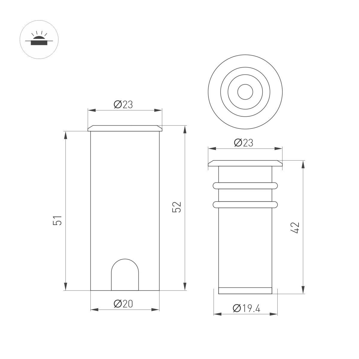 Ландшафтный светильник Arlight ART-PELURU-GROUND-R23-1W Warm3000 (SL, 100 deg, 24V) (IP67 Металл) 057833