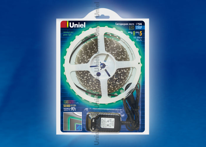 Светодиодная влагозащищенная лента Uniel (04695) 4,8W/m 60LED/m 3528SMD зеленый 5M ULS-3528-60LED/m-8mm-IP54-DC12V-5M-GREEN
