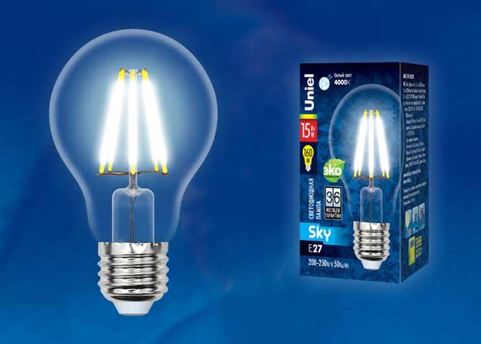 Лампа светодиодная филаментная (UL-00004868) Uniel E27 15W 3000K прозрачная LED-A70-15W/3000K/E27/CL PLS02WH