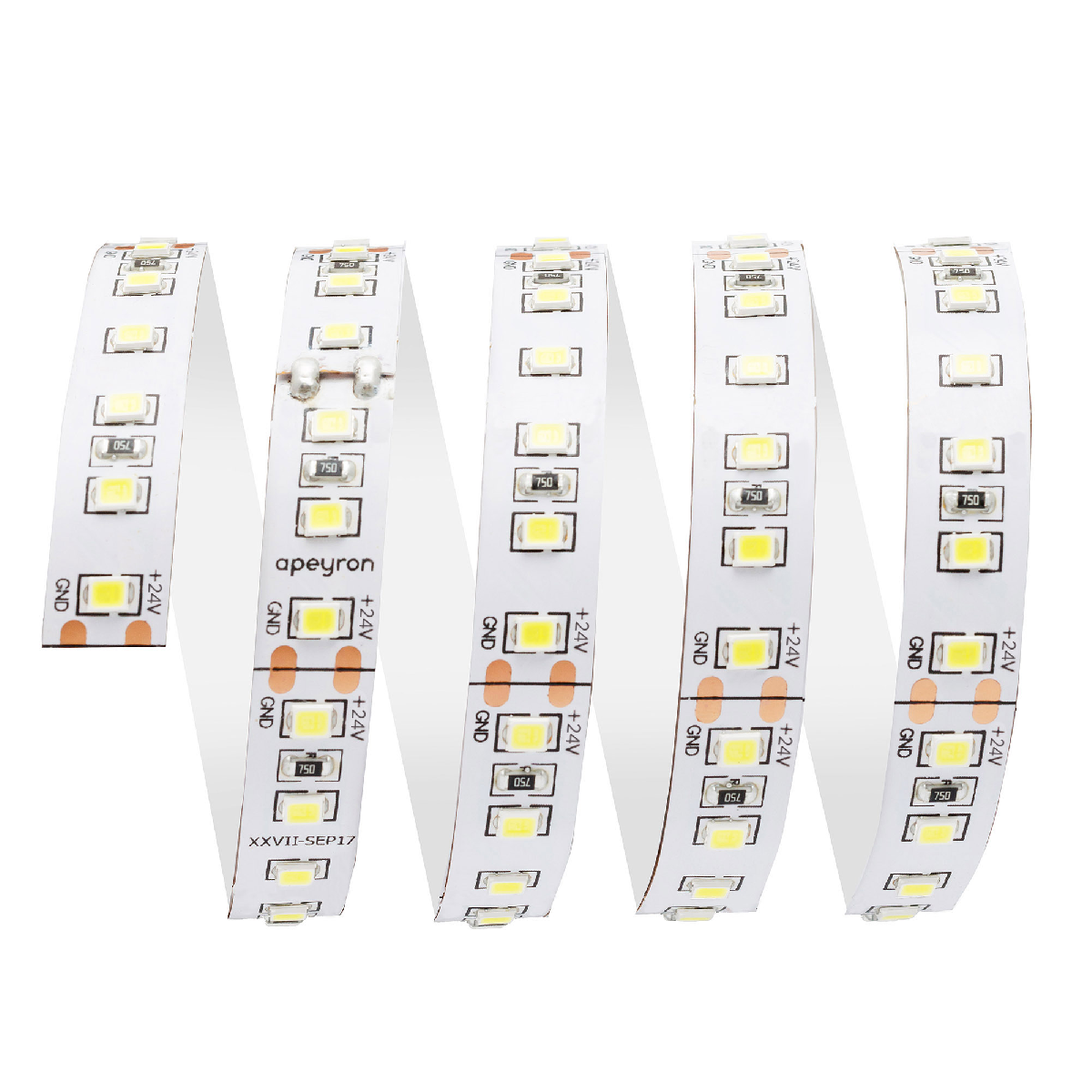 Светодиодная лента Apeyron 24В 10Вт/м smd3528, 120д/м IP20 900Лм/м 5м 6500К 00-332