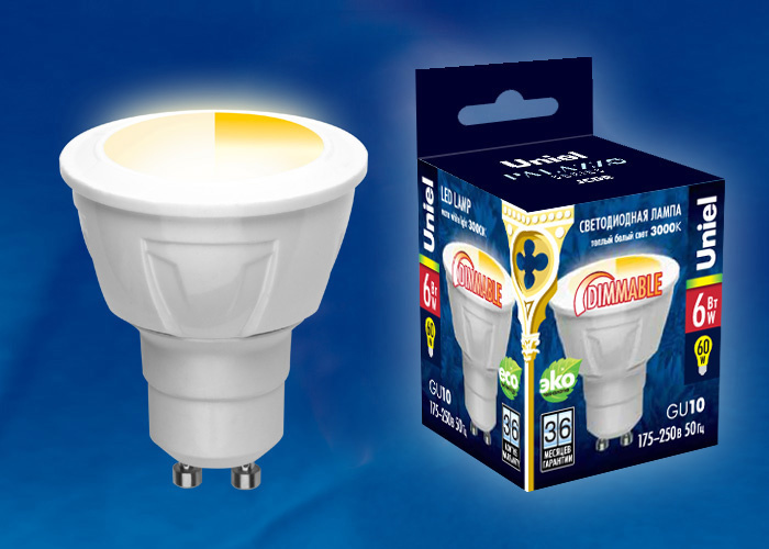 Лампа светодиодная (UL-00001664) Uniel GU10 6W 3000K матовая LED-JCDR-6W/WW/GU10/FR/DIM PLP01WH