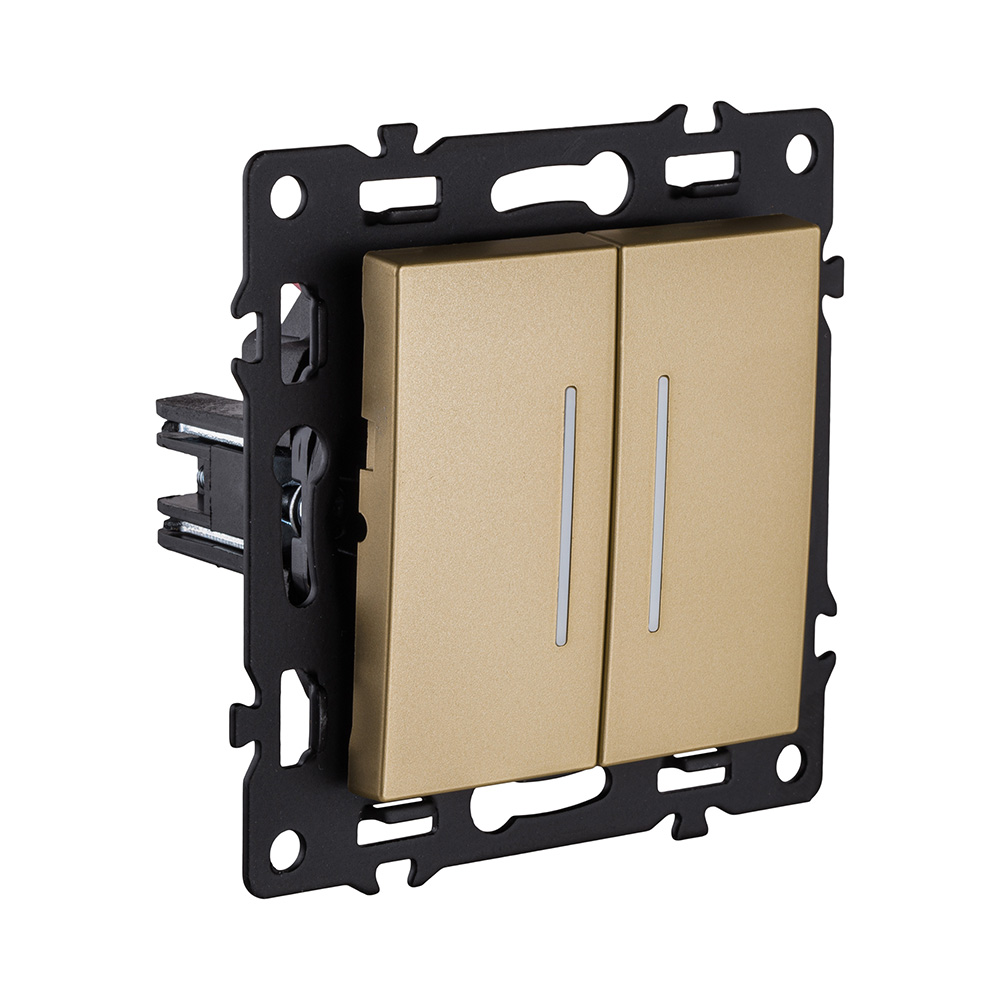 Выключатель 2-клавишный 10А/250В с LED подсветкой, золотой Kollinger Asthetik AS-010GD