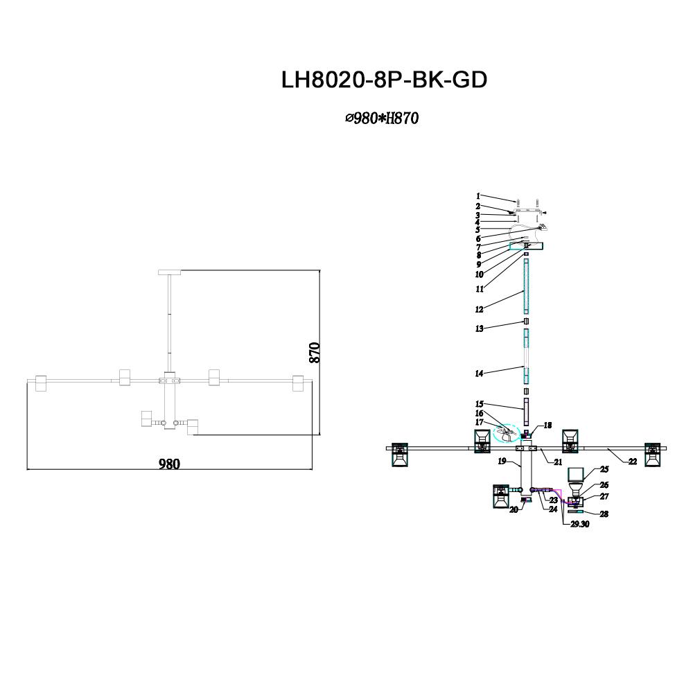 Подвесная люстра Lumien Hall Саурис LH8020/8P-BK-GD