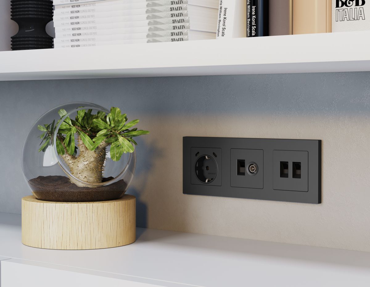 Лицевая панель Alfa (Графит мягкое касание) для электрической розетки с/з со шторками 2USB C+C Quant Ambrella Volt AP9105