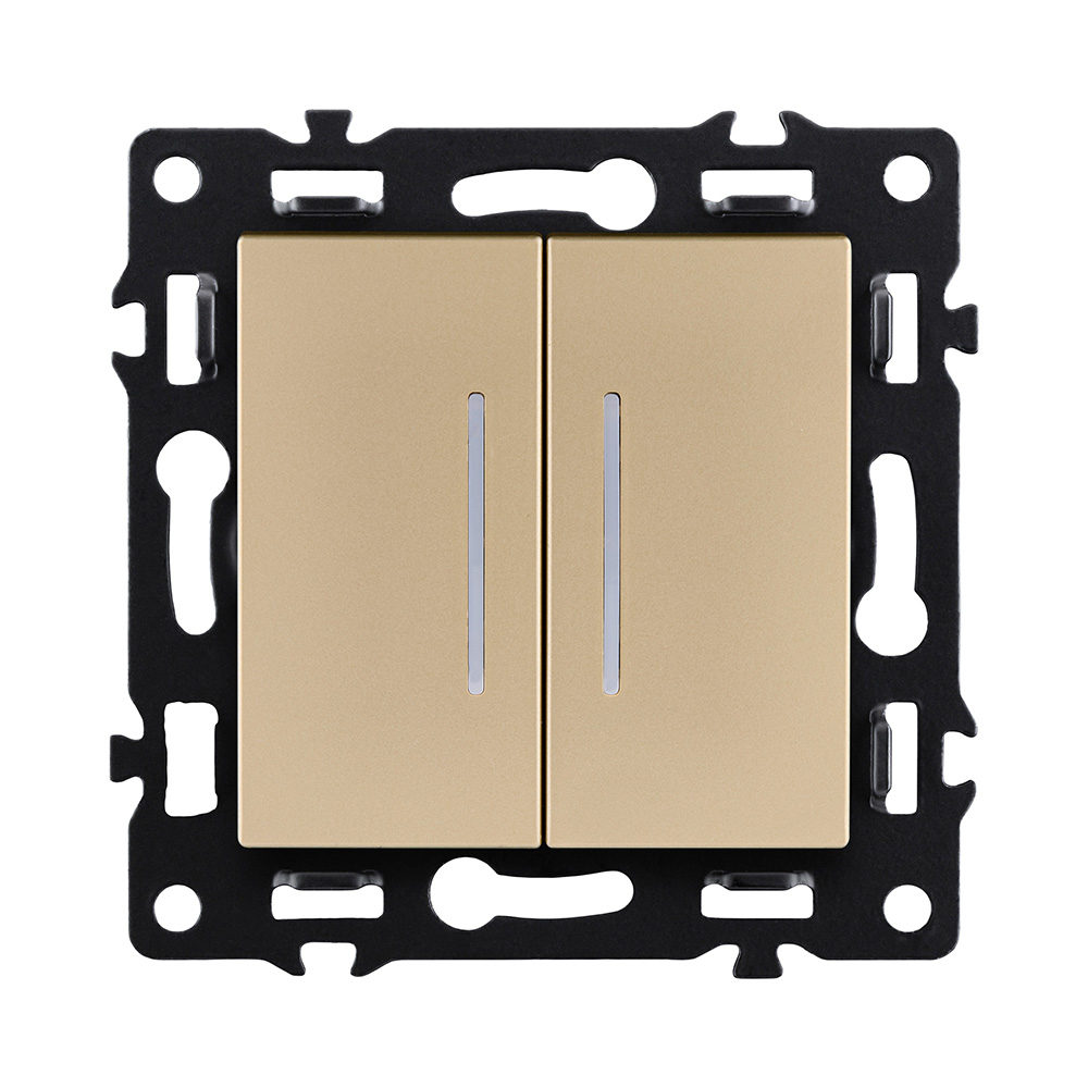 Выключатель 2-клавишный 10А/250В с LED подсветкой, золотой Kollinger Asthetik AS-010GD