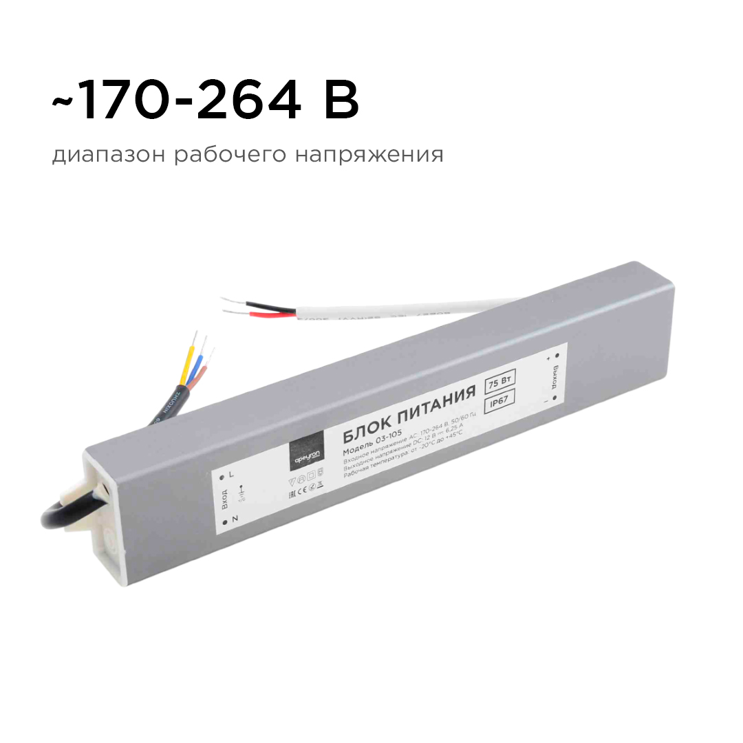 Блок питания Apeyron 12В (СТ) 75Вт импульсный IP67 170-264В 6,25А 03-105