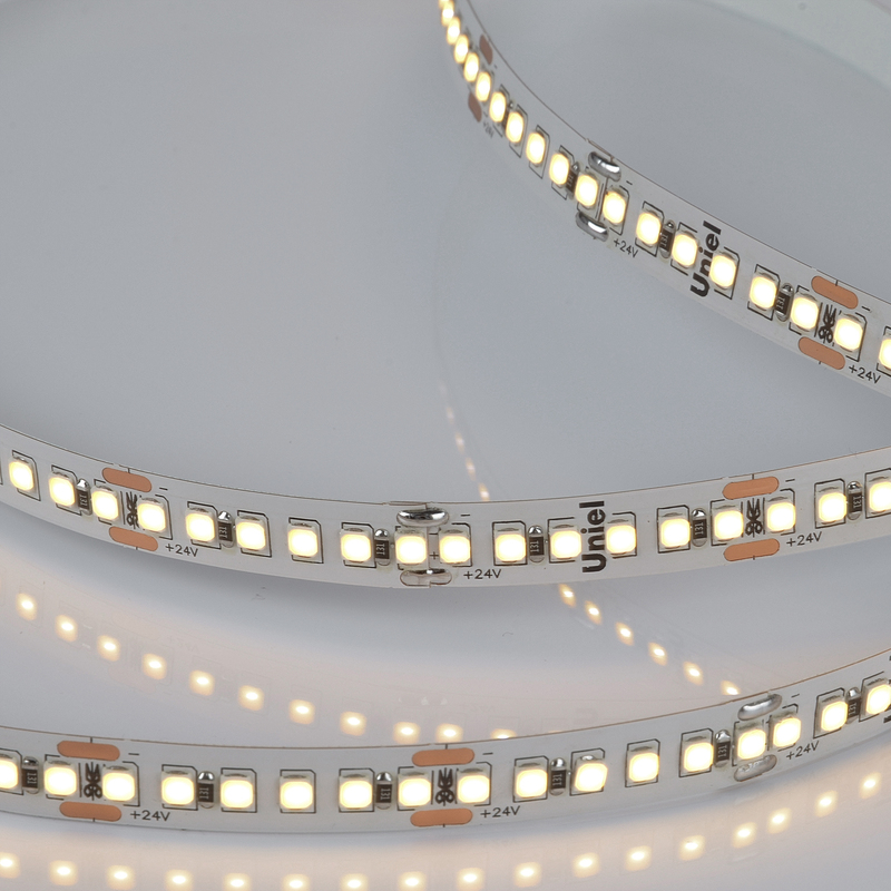 Светодиодная лента Uniel ULS-2835-180LED/m-10mm-IP20-DC24V-17W/m-5M-3000K катушка в герметичной упаковке