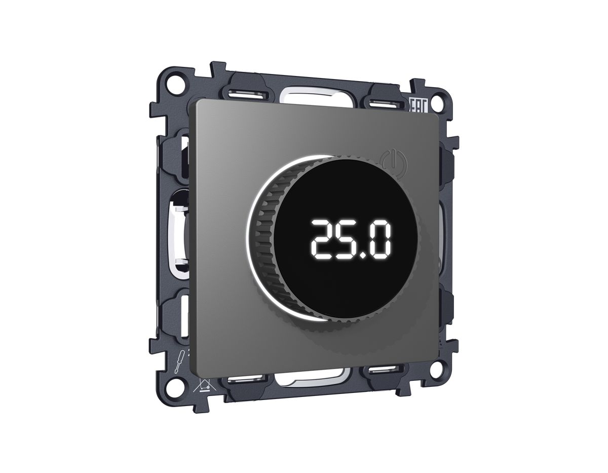 Комплект механизма терморегулятора с цифровым дисплеем с подсветкой и датчиком для теплого пола Alfa Антрацит серый Quant Ambrella Volt MA655810 (AP6558, VM1385)