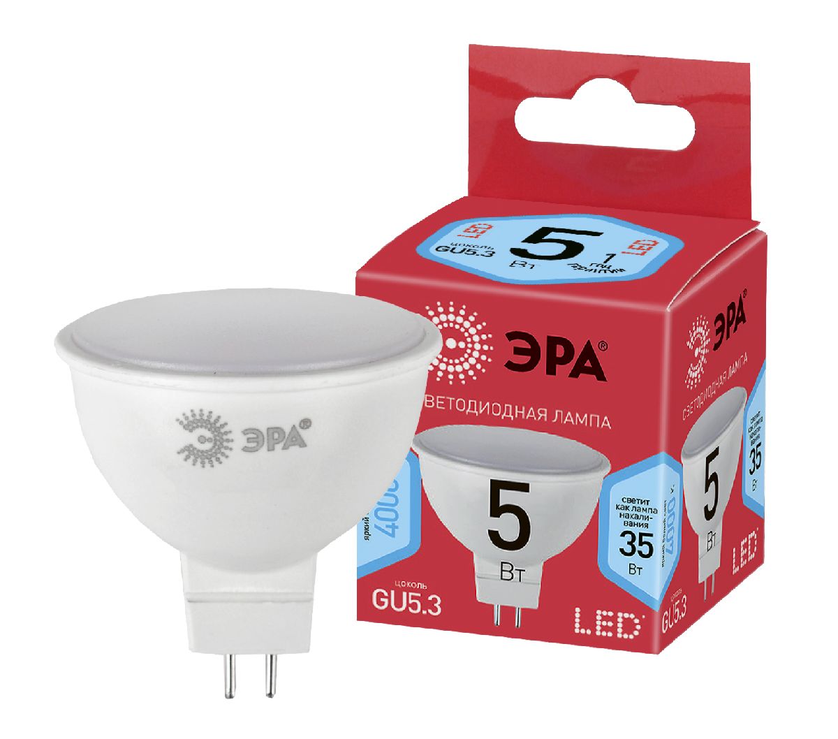 Лампа светодиодная Эра GU5.3 5W 4000K ECO LED MR16-5W-840-GU5.3 Б0019061