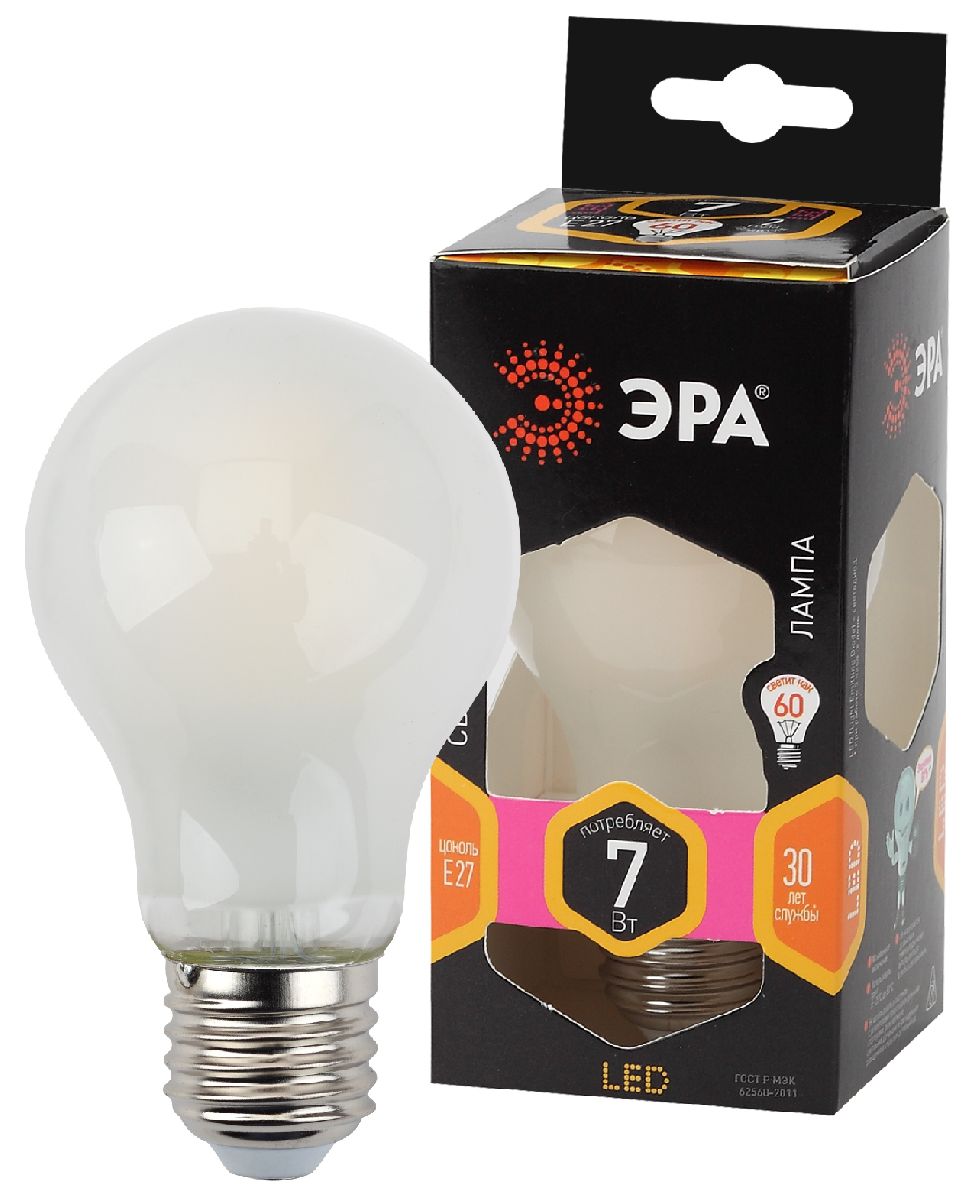 Лампа светодиодная Эра Е27 7W 2700K F-LED A60-7W-827-E27 frost груша матовая Б0035031