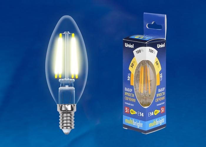 Лампа светодиодная филаментная Uniel E14 5W 3000K прозрачная LED-CW35-5W/WW/E14/CL/MB GLM10TR UL-00002368