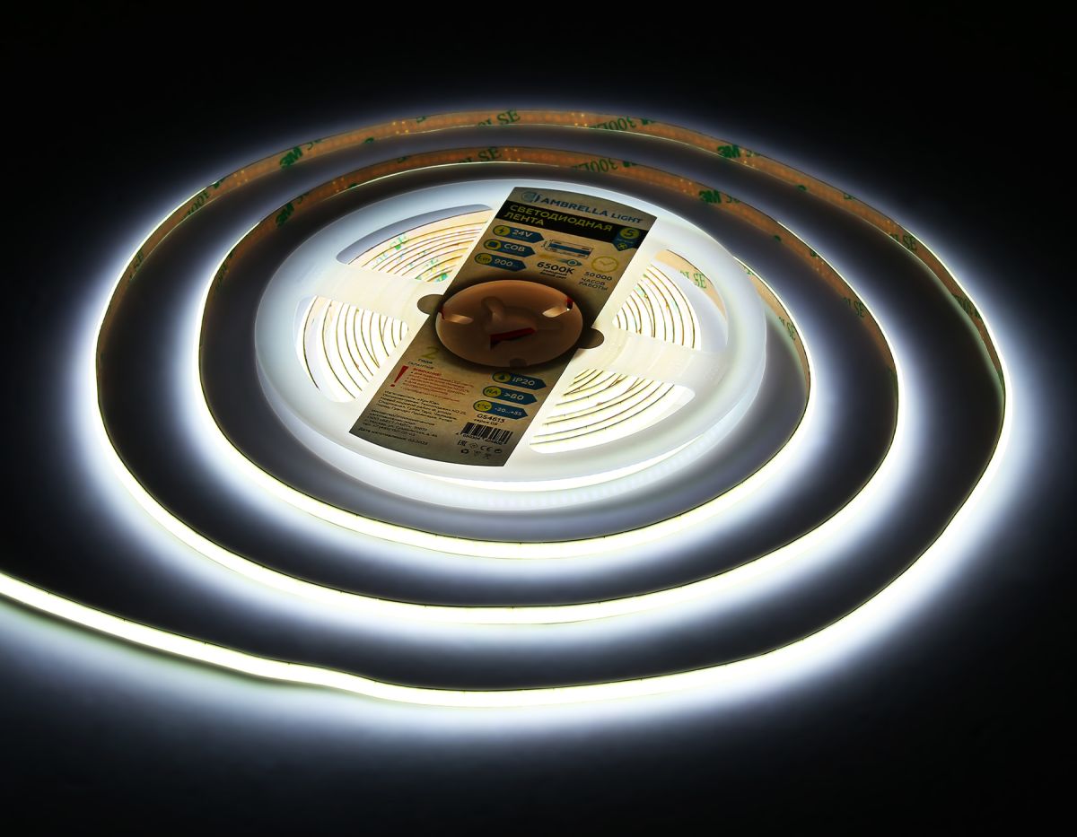 Светодиодная лента Ambrella Light Illumination COB 400Led/10W m/ 24V IP20 6500K/ 5m*5mm*2.1mm (2 конт.) GS4613