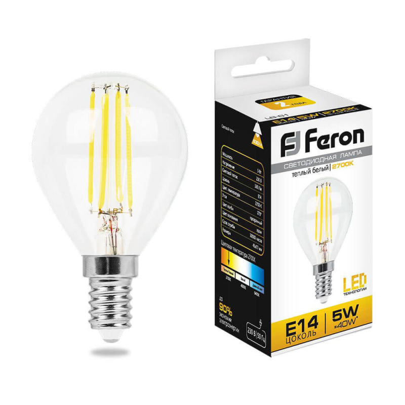 Лампа светодиодная филаментная Feron E14 5W 2700K Шар Прозрачная LB-61 25578 УЦ