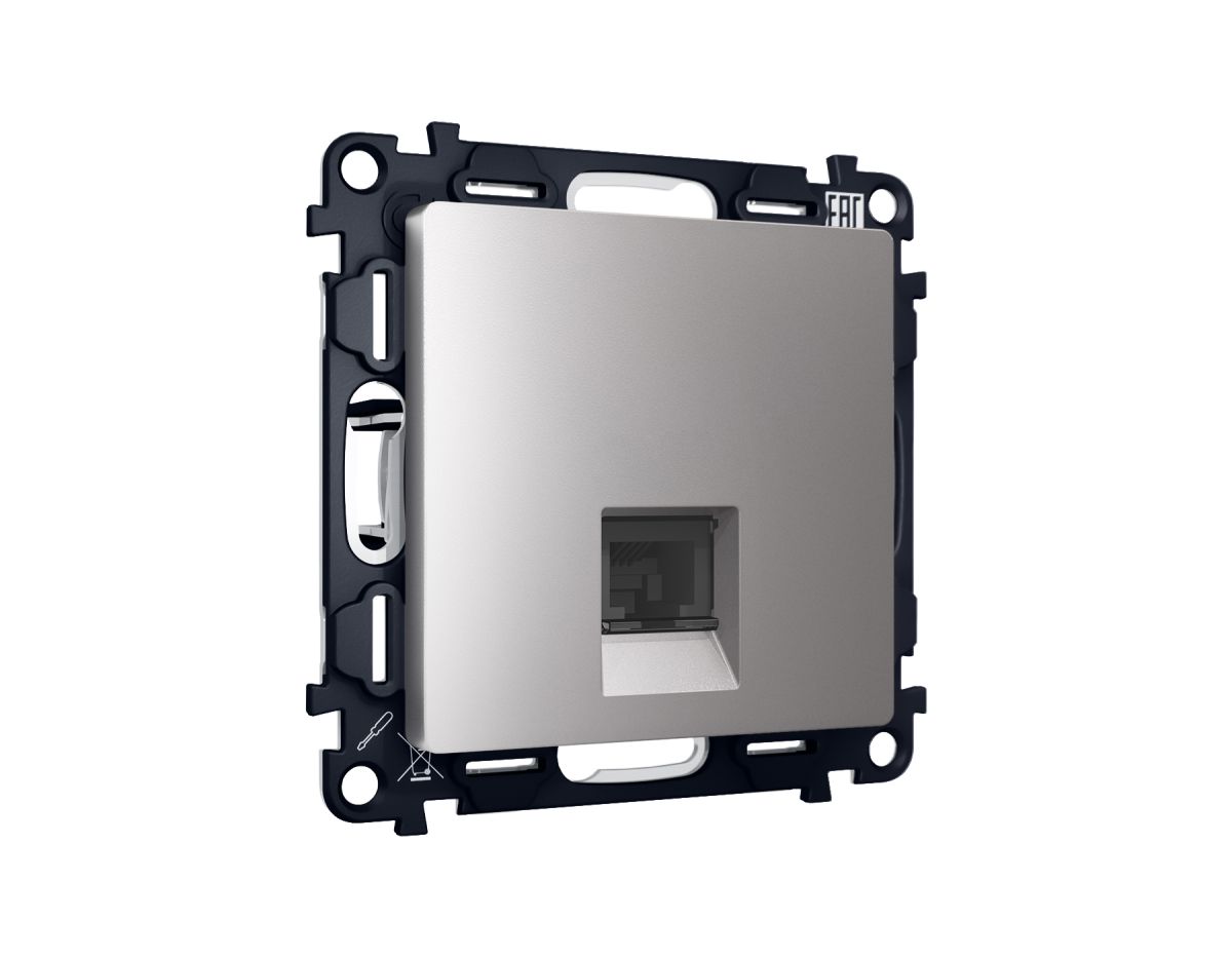 Комплект механизма компьютерной розетки RJ-45 экранированной с автоматической защитной шторкой Alfa Сталь матовый Quant Ambrella Volt MA512005 (AP5120, VM185)