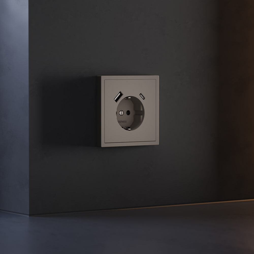 Накладка для розетки с заземлением и защитными шторками, с USB A+C Voltum S70 (капучино) VLS001014