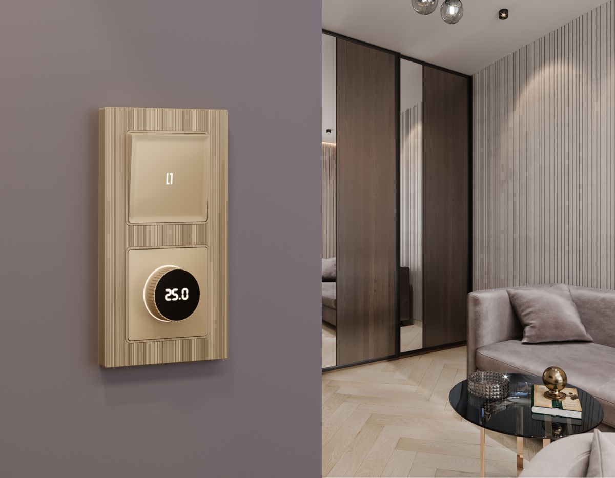 Комплект механизма терморегулятора с цифровым дисплеем с подсветкой и датчиком для теплого пола 16A-250V Alfa Шампань Quant Ambrella Volt MA605810 (AP6058, VM1385)