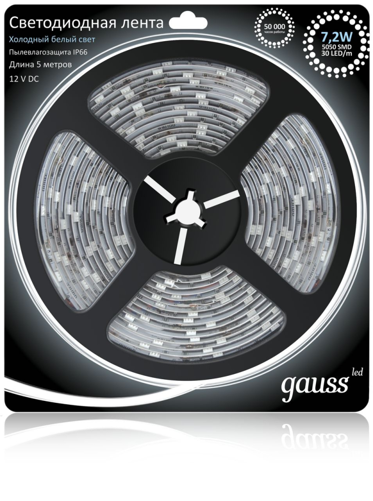 Светодиодная влагозащищенная лента Gauss 7,2W/m 30LED/m 5050SMD холодный белый 5M EB311000307