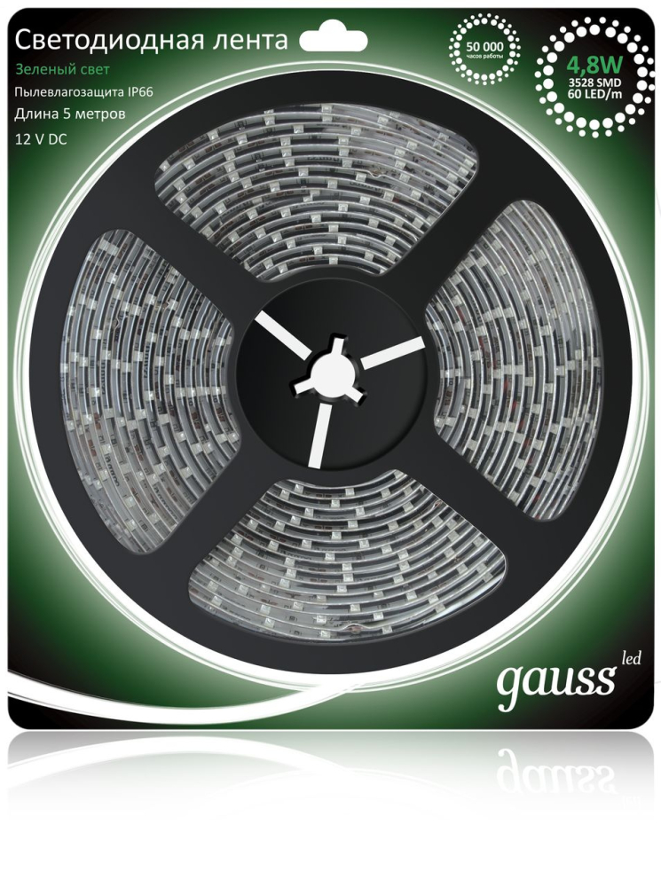 Светодиодная влагозащищенная лента Gauss 4,8W/m 60LED/m 2835SMD зеленый 5M EB311000605