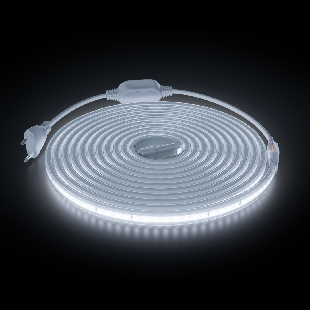 Комплект светодиодной ленты Apeyron 220В 10Вт/м, 600лм/м, 6500К (х/б), SMD2835, 120д/м, 13,5х7мм, 5м, IP65, с аксесcуарами (сетевой шнур, заглушка - 1шт, крепеж - 5шт) 10-142