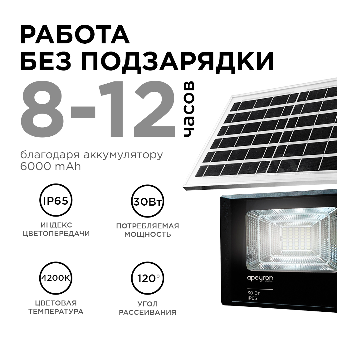 Прожектор c солнечной панелью Apeyron батарея 6000МА (3.2 В, 6Aчас) 05-34