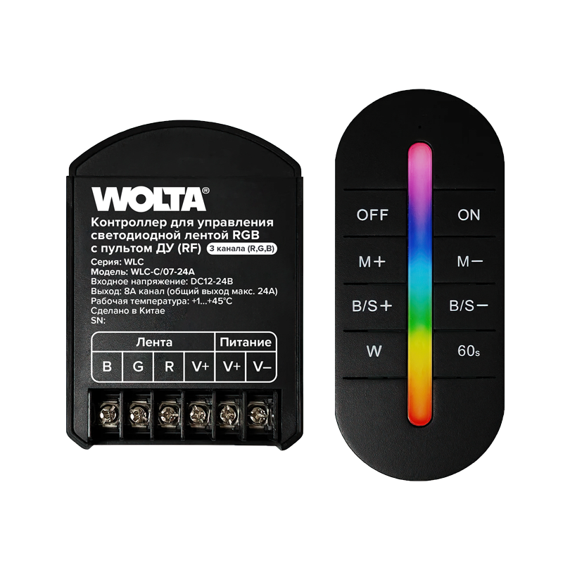 Контроллер 3-канальный для светодиодной ленты RGB 12-24В, 24А с пультом RF WOLTA WLC-C/07-24A