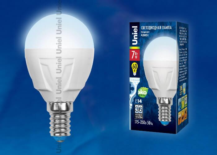 Лампа светодиодная (UL-00000771) Uniel E14 7W 4500K матовая LED-G45-7W/NW/E14/FR PLP01WH