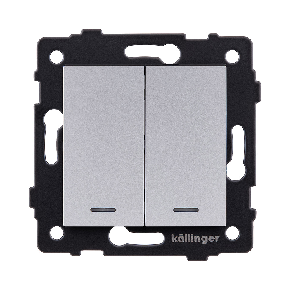 Выключатель 2-клавишный 10А/250В с LED подсветкой, серый Kollinger REA-S-008GY для Aspekt, Eleganz, Reflex